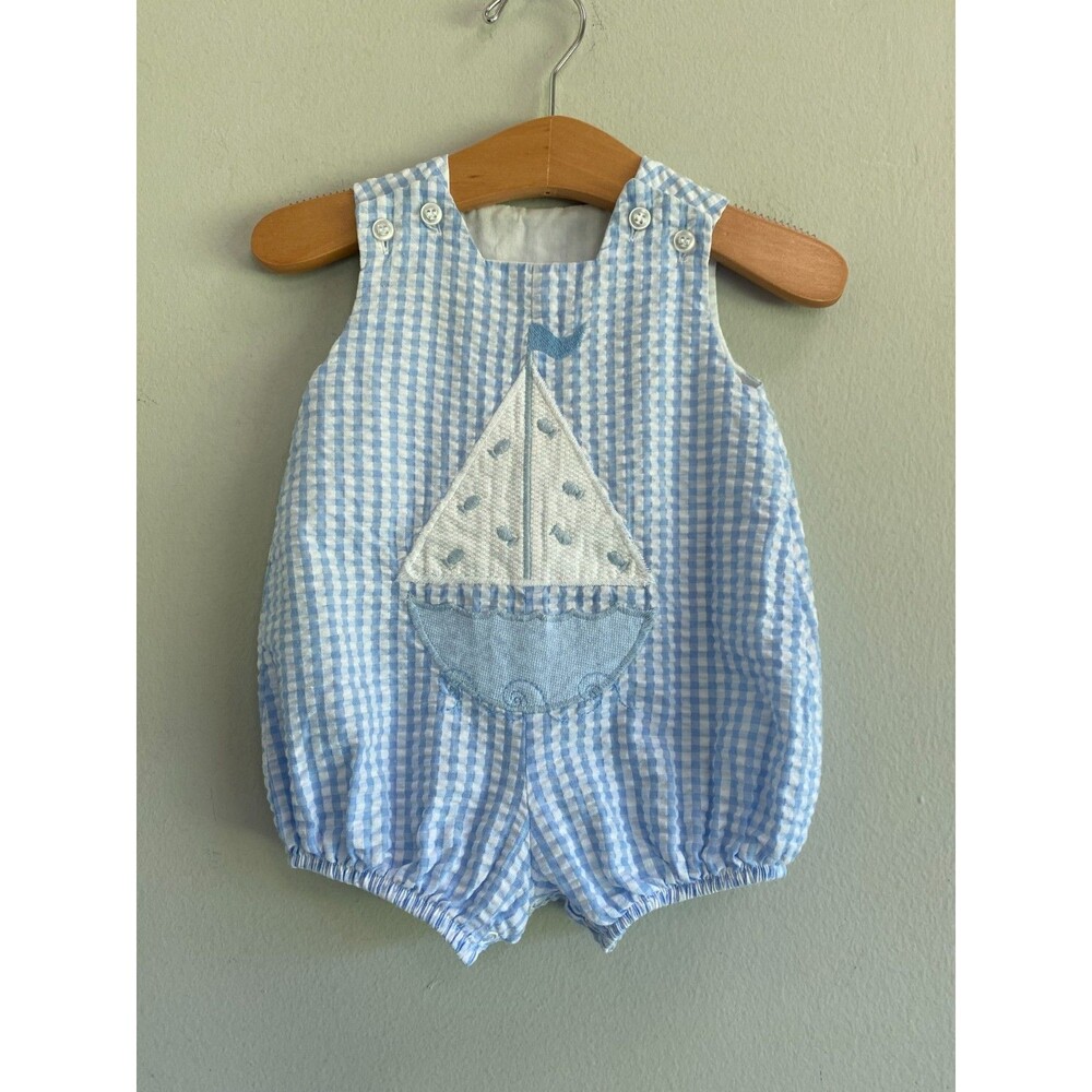 Rare The Bailey Boys Blue Gingham Baby Romper Overalls Embroidered Sailboat 3M